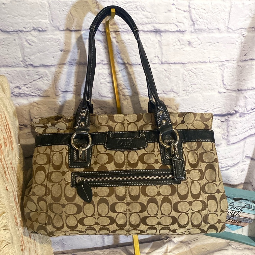 Coach Tan and Black Signature Shoulder Bag